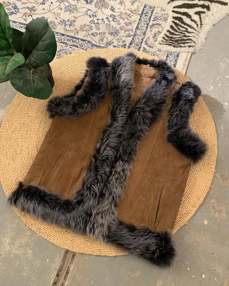 Women’s Brown Suede Fur Trim Vest