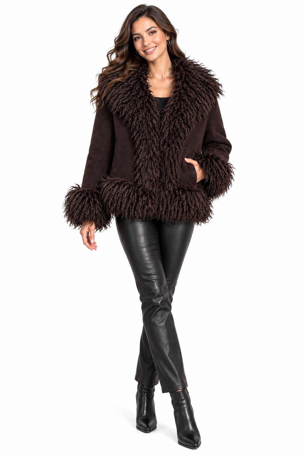 Women’s Brown Suede Mongolian Fur Jacket