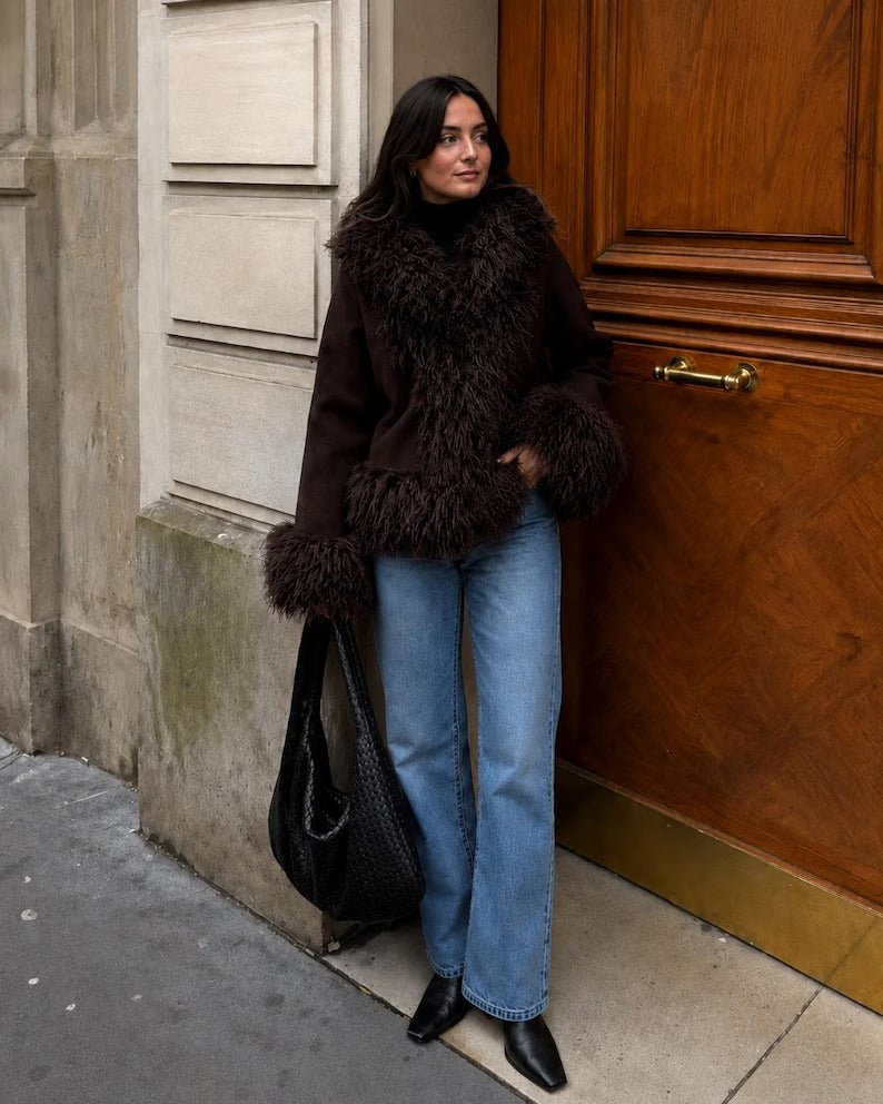 Women’s Brown Suede Mongolian Fur Jacket