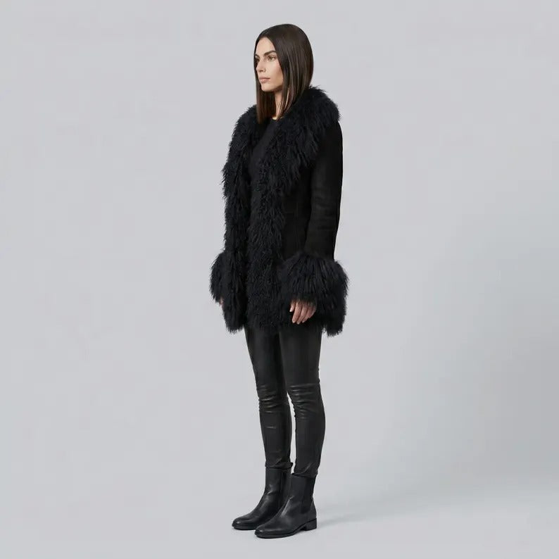 Women’s Black Penny Lane Coat with Mongolian Fur Trim