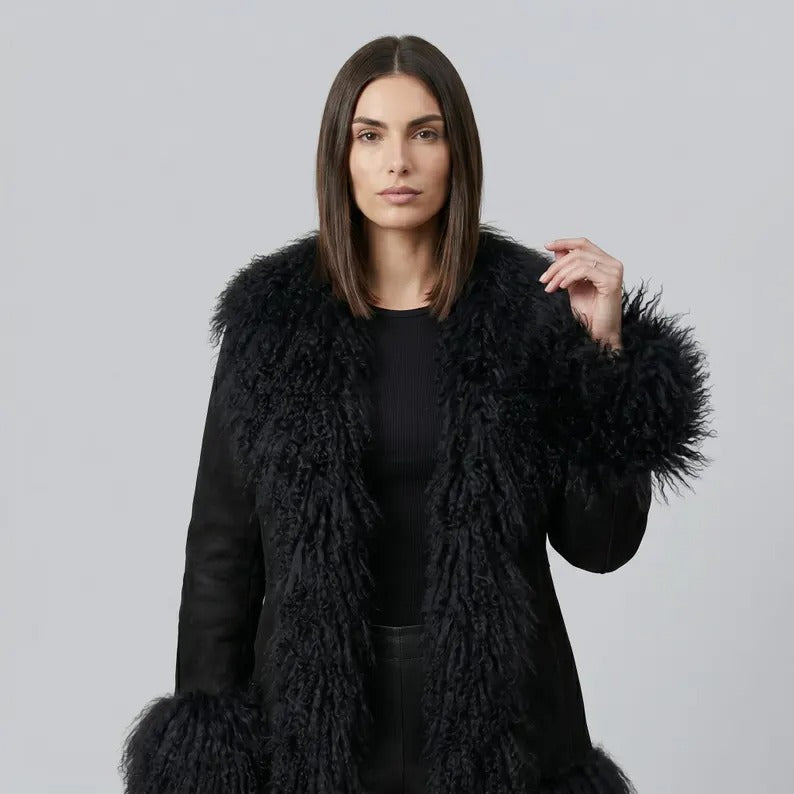 Women’s Black Penny Lane Coat with Mongolian Fur Trim