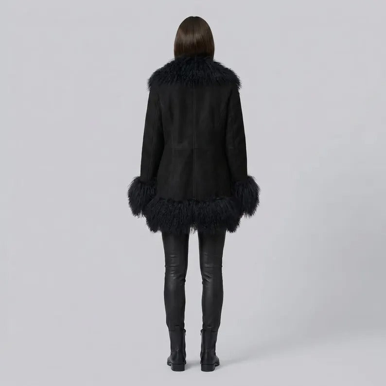 Women’s Black Penny Lane Coat with Mongolian Fur Trim