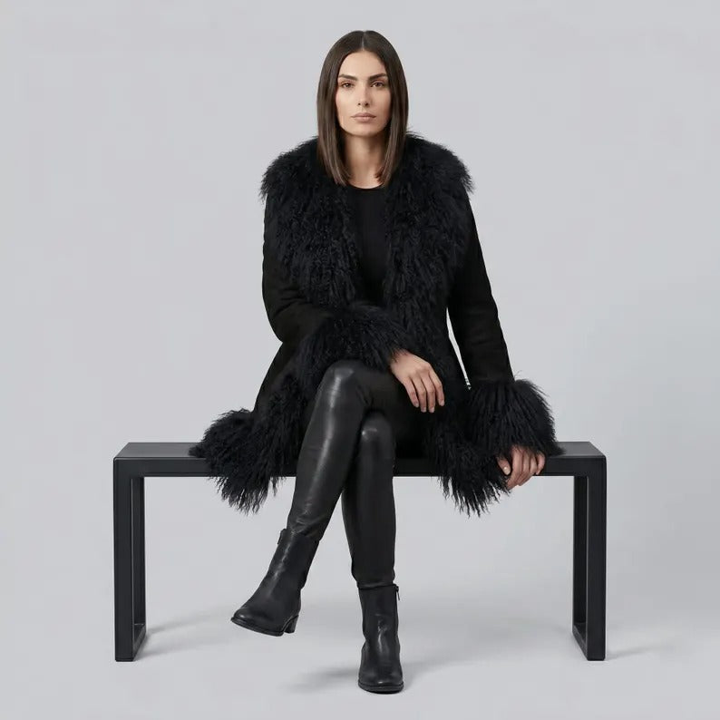 Women’s Black Penny Lane Coat with Mongolian Fur Trim