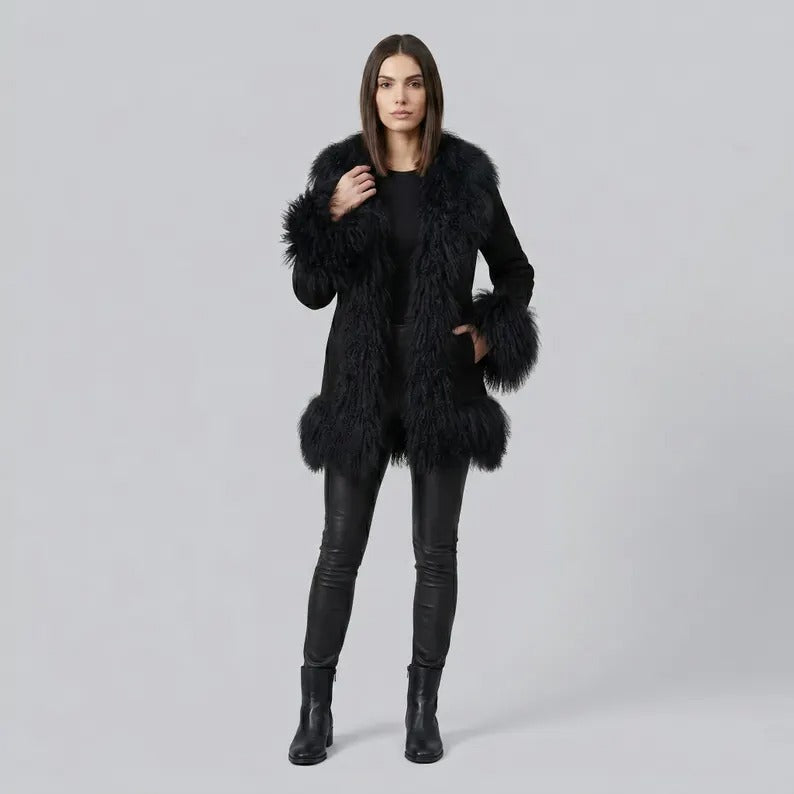 Women’s Black Penny Lane Coat with Mongolian Fur Trim
