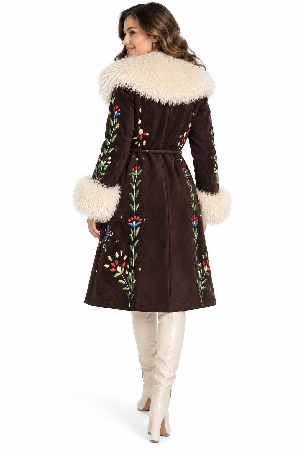 Women’s Brown Penny Lane Coat with Mongolian Fur & Floral Embroidery