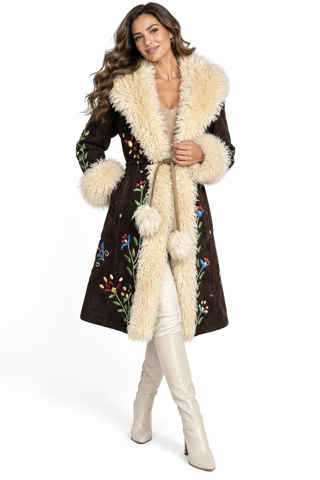Women’s Brown Penny Lane Coat with Mongolian Fur & Floral Embroidery