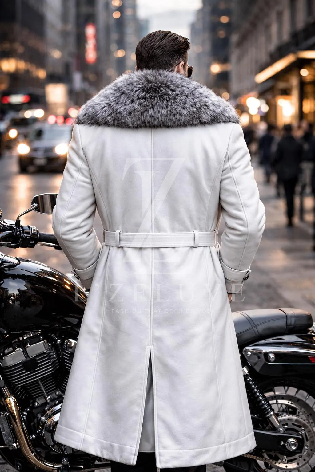 Men’s White Leather Long Coat with Grey Fur Collar