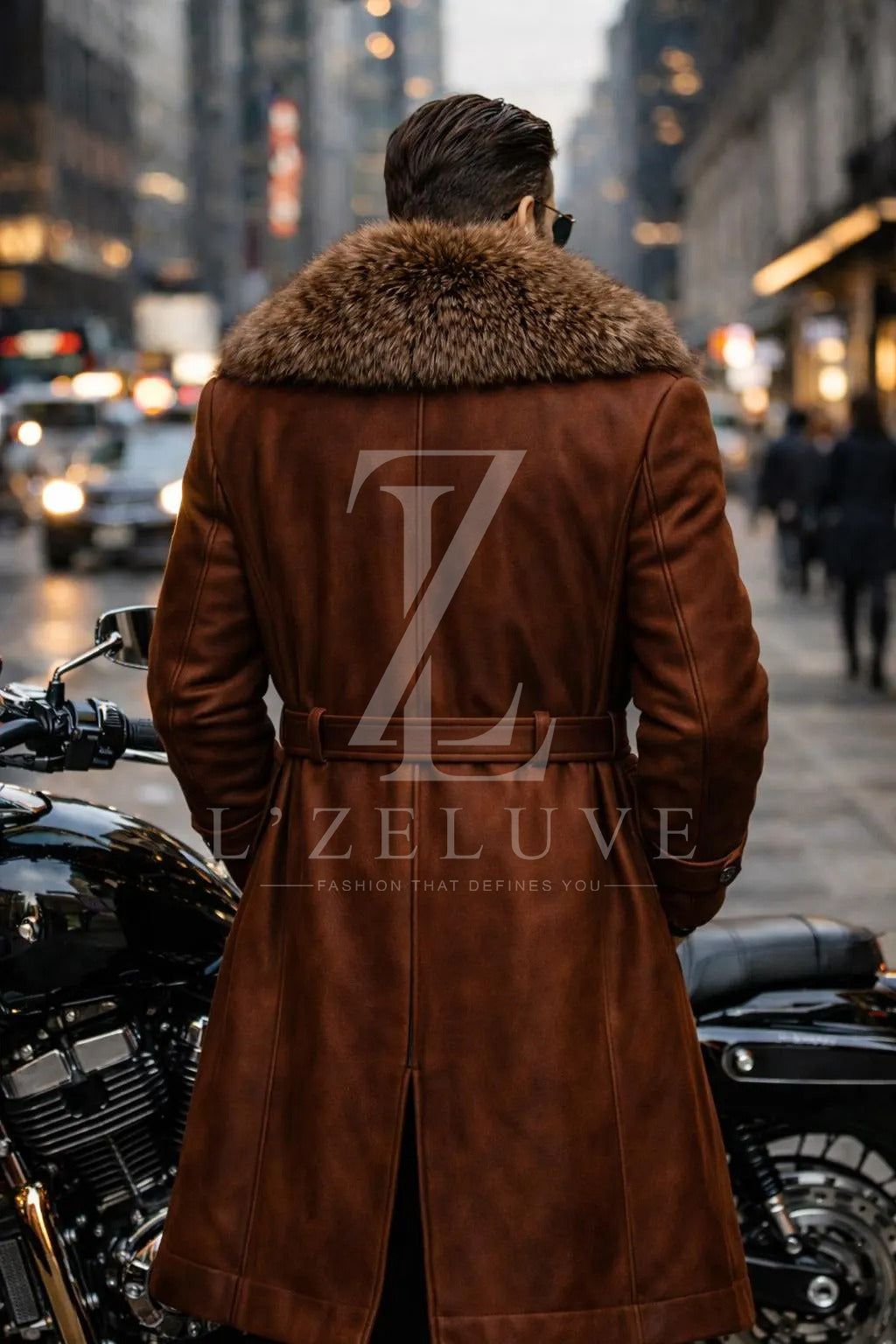 Men’s Tan Brown Leather Long Coat with Brown Fur Collar