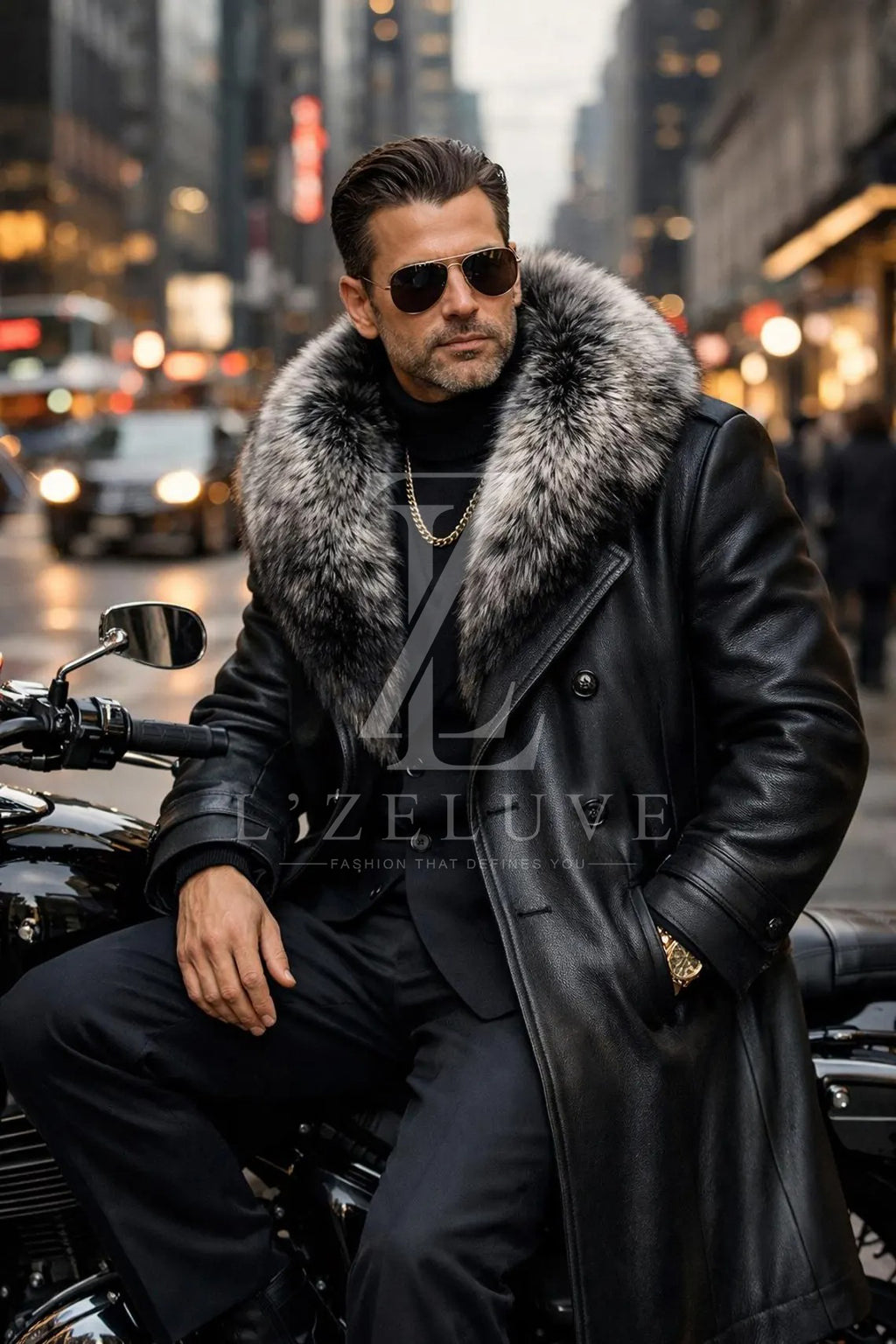 Men’s Genuine Leather Long Coat with Luxury Fur Collar