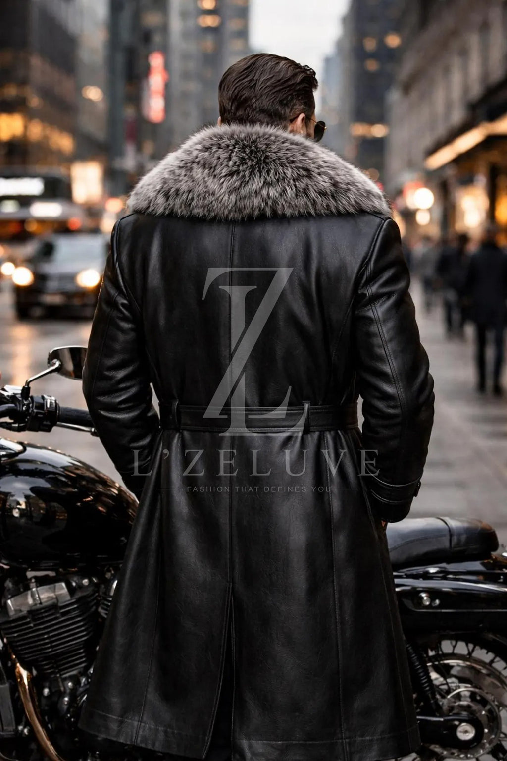 Men’s Genuine Leather Long Coat with Luxury Fur Collar