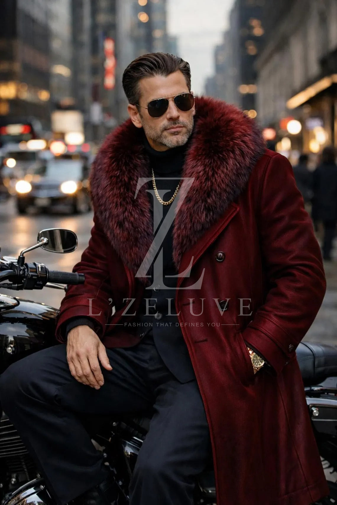Men’s Burgundy Leather Long Coat with Burgundy Fur Collar