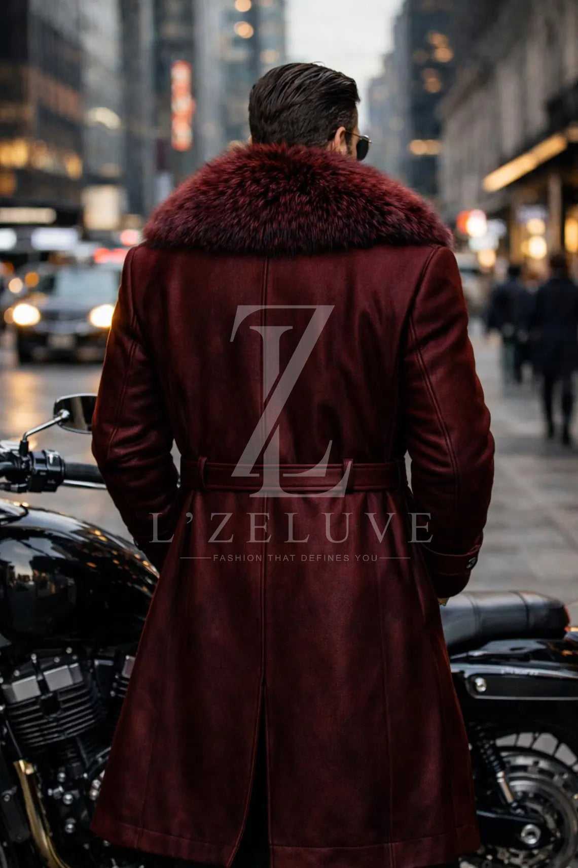 Men’s Burgundy Leather Long Coat with Burgundy Fur Collar