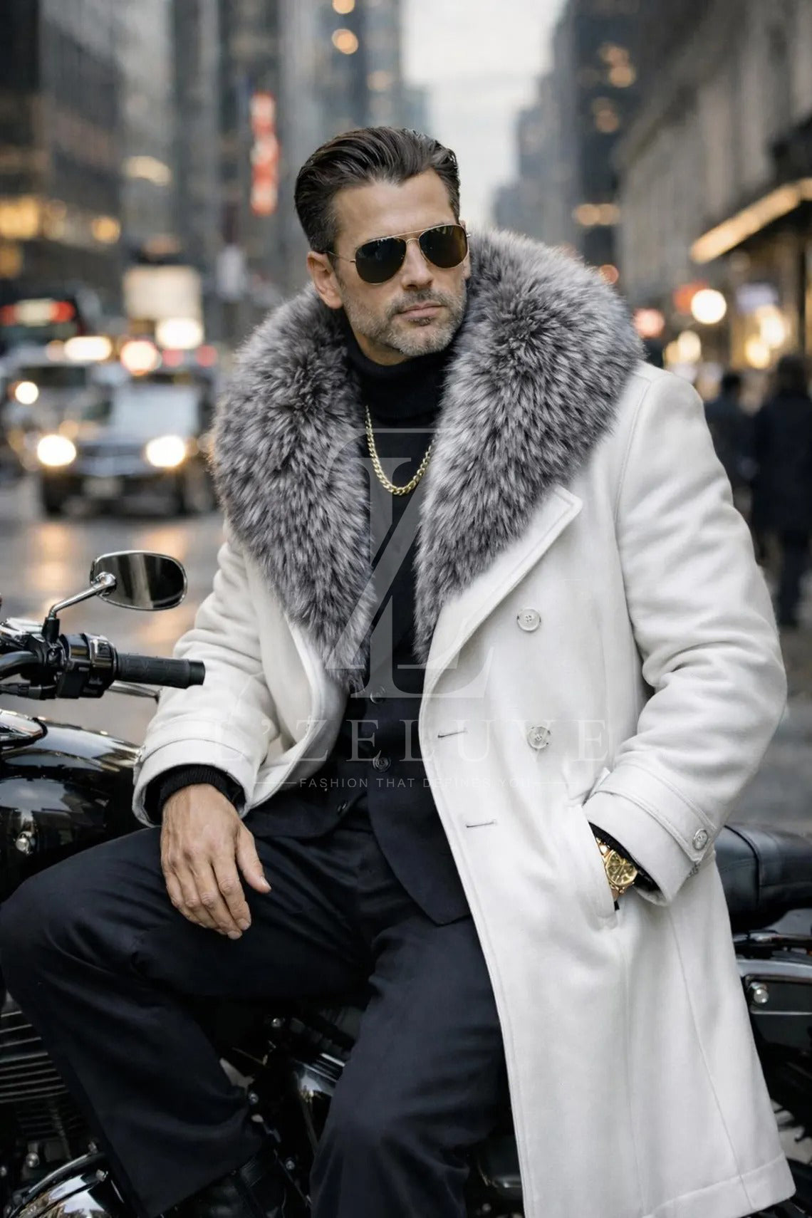 Men’s White Leather Long Coat with Grey Fur Collar