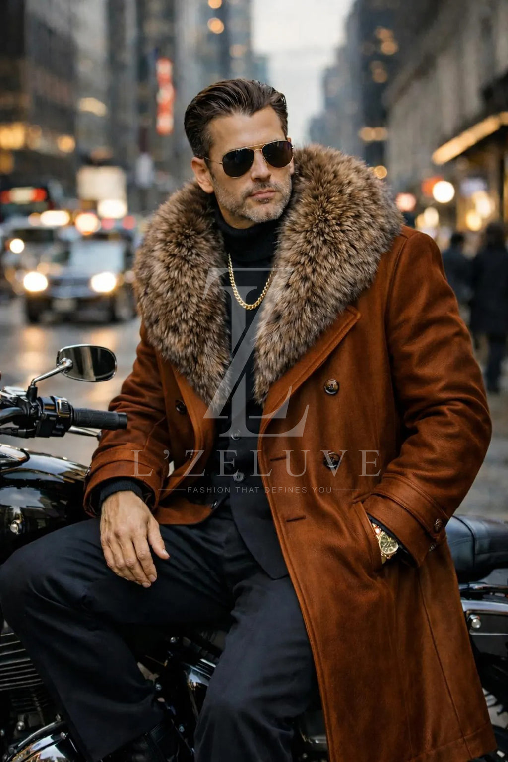 Men’s Tan Brown Leather Long Coat with Brown Fur Collar